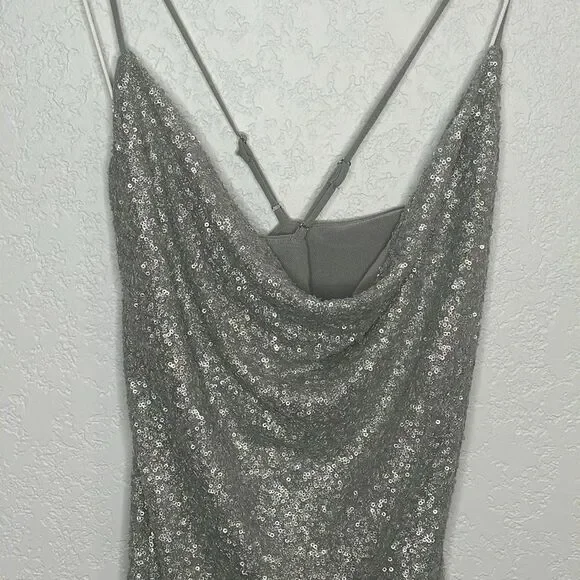 NWT Susana Monaco Sequin Cowl Neck Mini Dress Silver Large - Picture 4 of 13